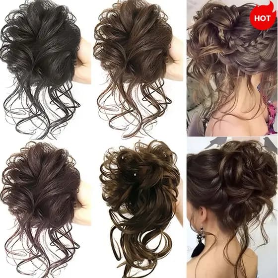 Faixa Elástica Com Cabelo Peruca De Coque Messy Scrunchie--Extensão De Rabo De Cavalo Preto e Marrom