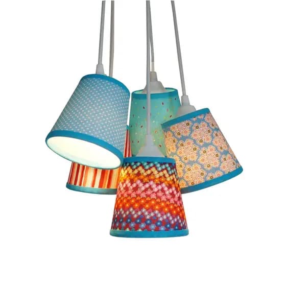 Lustre Pendente Luminária de Teto Cacho Mix de Tecidos Estampado Turquesa Bivolt