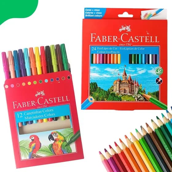 Kit Lápis de Cor 24 Cores Sextavado 12 Canetinhas Faber Castell
