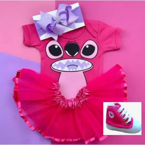 Body Mesversário Bebê Menina Angel - Lilo e Stitch Rosa