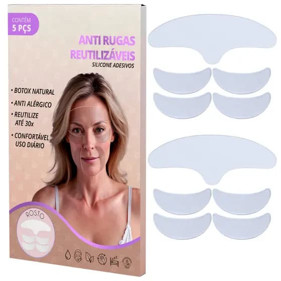 (Kit com 2) Adesivo Anti Rugas Silicone Rosto Reutilizável Patch Skin Care 5 Peças Colágeno Natural para Rugas Faciais