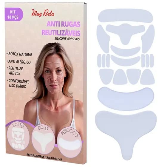 Kit 18 Adesivos Anti Rugas Muy Bela | Rosto + Pescoço + Colo | Lifting Facial | Reutilizável Até 30x | Skin Care Noturno