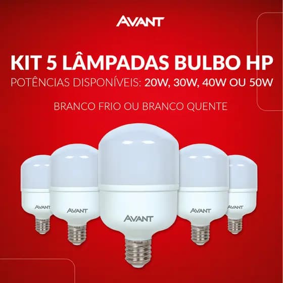 Kit 5 Lâmpadas Led Bulbo Alta Potencia 20w 30w 40w e 50w 6500k Luz Branca Bivolt 110v/220v Avant