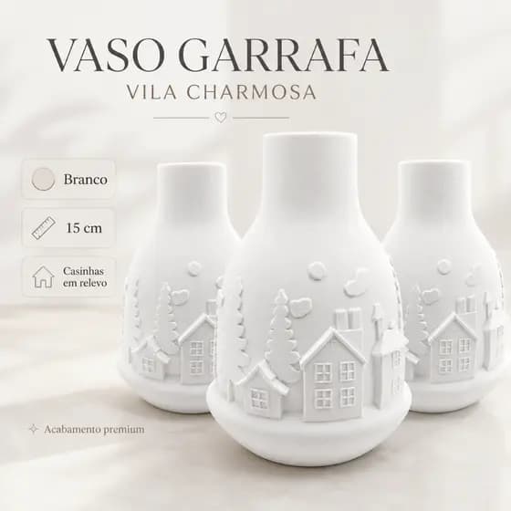 Vaso Garrafa Decorativo Vila Charmosa Branco – Multiuso, Casas em Relevo e Acabamento Premium