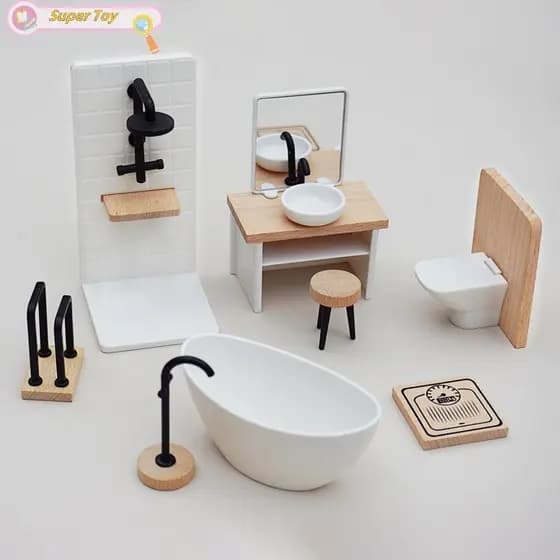 SuperToys Dollhouse Bathroom Furniture Set, 1/12 Scale Washbasin, Tub, Toilet Miniatures DWS