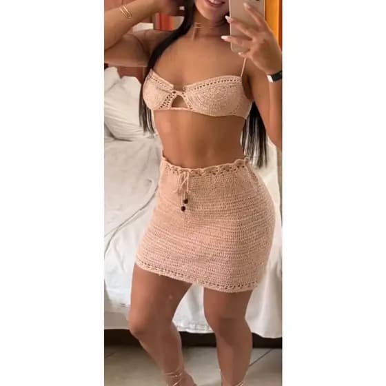 Conjunto top cropped e saia em croche moda feminina