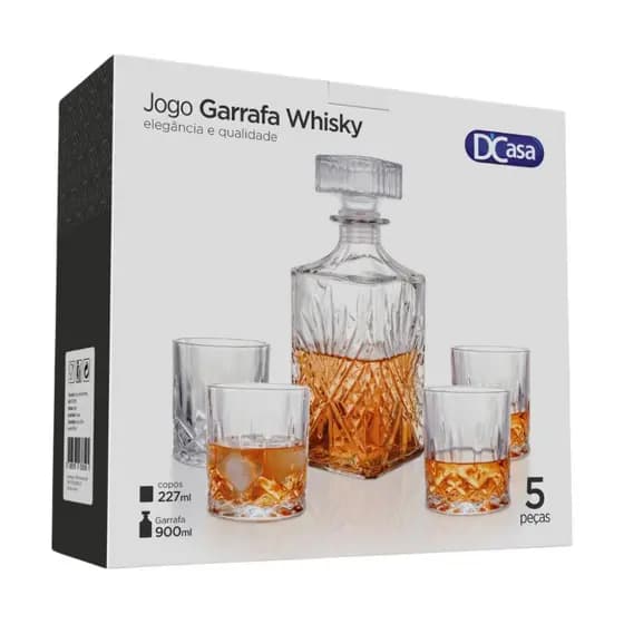 Kit Licoreira Garrafa De Vidro Para Whisky + 4 Copos De Whisky Mini Bar Em Casa Decoração Cristal Uisque DCasa