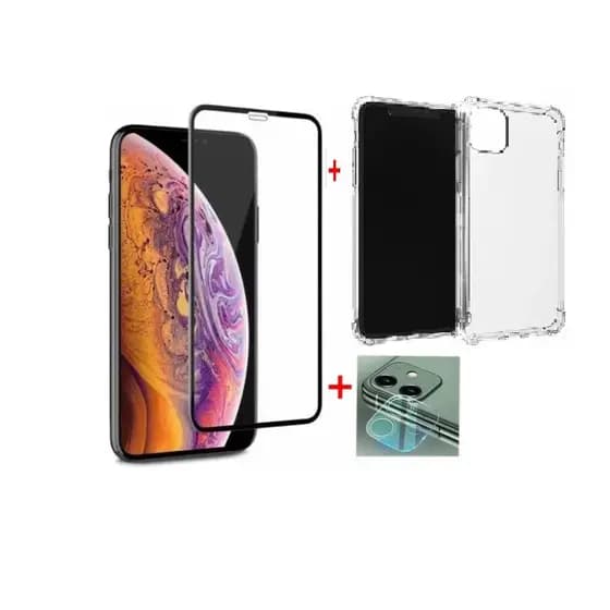 Kit para iphone 11 com Capa com borda protetora, Película vidro 3D tela, película vidro câmera.