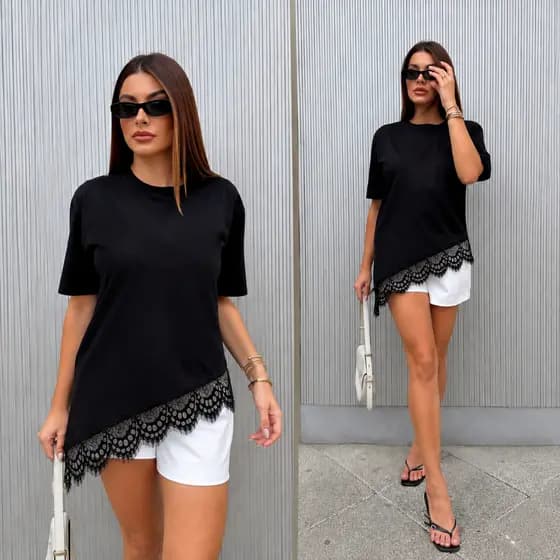 Blusa Feminina com Renda Blusinha Assimétrica 100%Algodão Blusa Feminina Estilosa Moda Blogueira