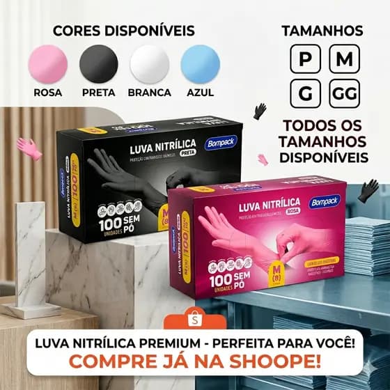 KIT 100 Luvas Nitrílicas Sem Pó Resistente Bompack nitrilo com certificado