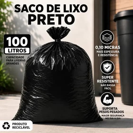 Saco de Lixo Preto 100 Litros Reforçado 100 Unidades Para Lixeira Grande