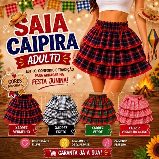Saia Adulto 3 Babados Festa Junina Caipira São João Arraiá Feminina !!!