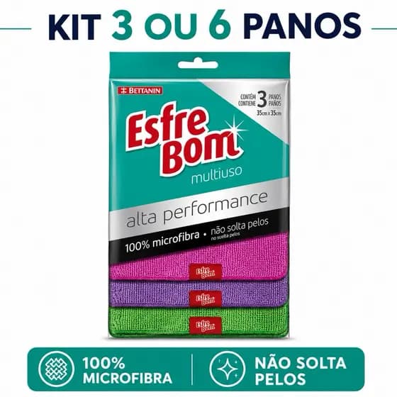Pano Multiuso Microfibra EsfreBom Bettanin Alta Performance 35x35 Não Solta Pelos Kit 3 ou 6 Panos