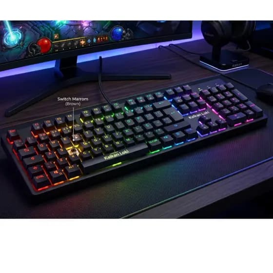 Teclado Gamer Mecânico Kalkan Loki Switch Marrom Silencioso ABNT2 Com LED Rainbow Teclado Numérico