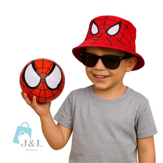 Kit Bucket Infantil Homem Aranha Chapéu de Praia com Bola de Futebol tamanho N°2