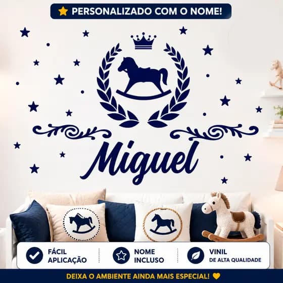 Adesivo de Parede Infantil Príncipe Cavalinho Realeza Coroa e Estrelas – Personalizado Quarto Menino