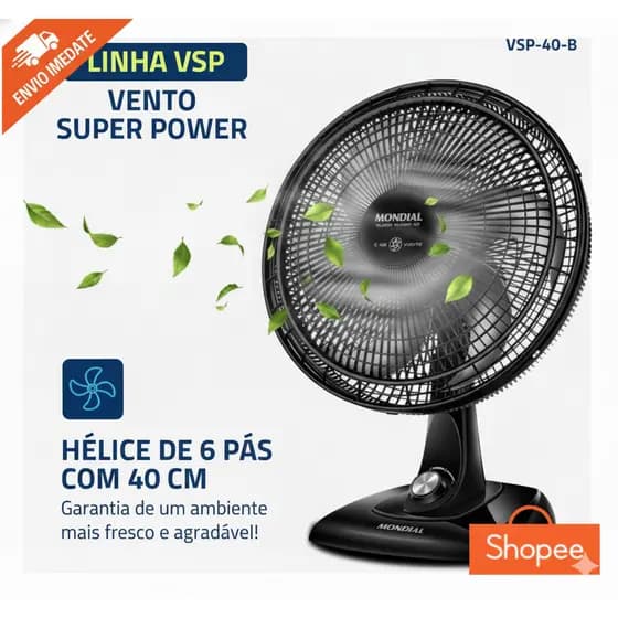 Ventilador Mondial 40cm Mesa Super Power 140W 127V Turbo Oscilante 6 Pás Silencioso VSP-40-B