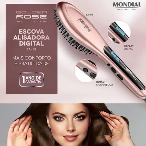 Escova Elétrica Alisadora Mondial Golden Rosê Bivolt EA-02 – Alisa, Modela e Reduz Frizz