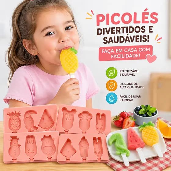 FORMA DE SILICONE PICOLÉ C/ TAMPA E PALITO FORMATO DE DESENHOS