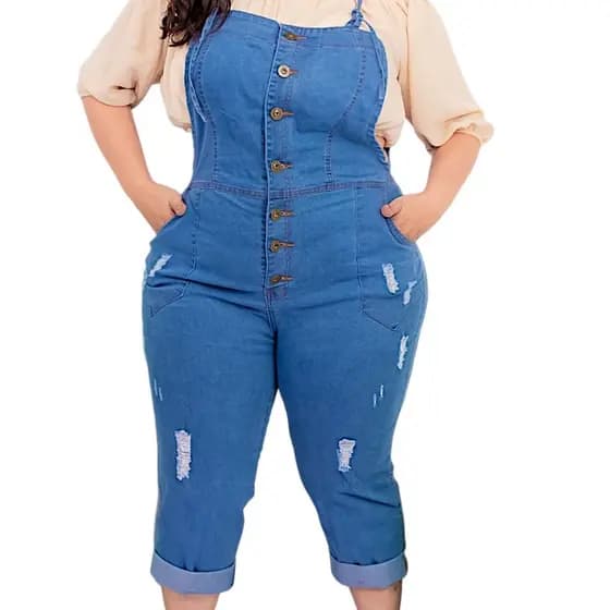 Macacão Jeans Feminino Plus Size Longo Jardineira Feminina