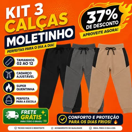 Kit 3 Calça Infantil Moletom Moletinho com Cadarço ideal para Escola e para sair Dia a Dia