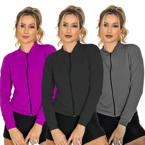 KIT 3: Jaqueta Feminina Lisa com Ziper Academia Jaqueta Basica Dia a Dia