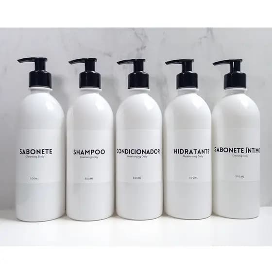 Kit Frascos Branco 5 Peças Shampoo Condicionador Sabonete íntimo Hidratante Sabonete 500ml