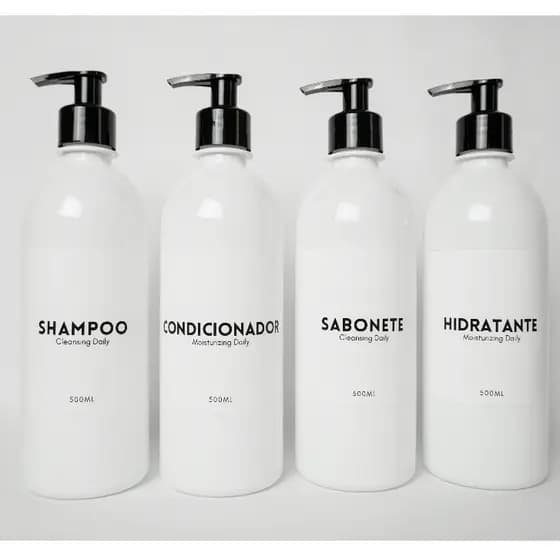 Kit Frascos Branco 04 Peças Shampoo Condicionador Hidratante Sabonete 500ML