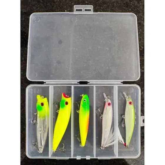 Kit Iscas Artificiais Similar Brava, Rapala e Top Gun 5 Unidades+ Estojo