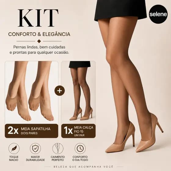 Kit 2 Pares Meia Sapatilha Invisível + 1 Meia Calça Selene Fio 15 Feminina Conforto Elegância Premium Original Elastano