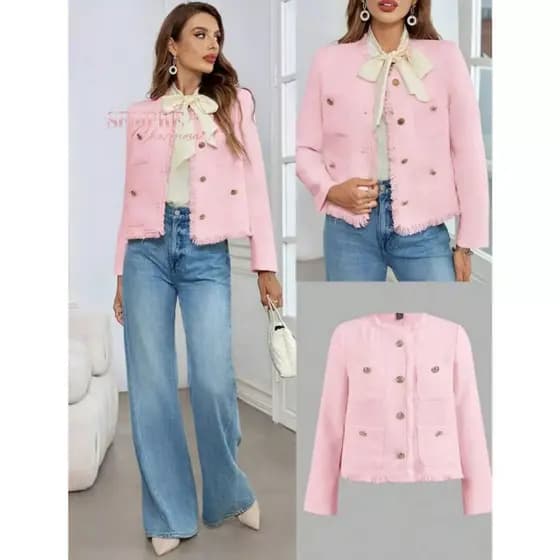 Jaqueta Rosa de Tweed Nova Primavera Outono Elegante Socialite Manga Longa