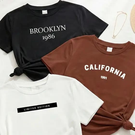 Camiseta feminina de algodão kit com 3 blusas Brooklyn California Limited blusa marrom preta e off