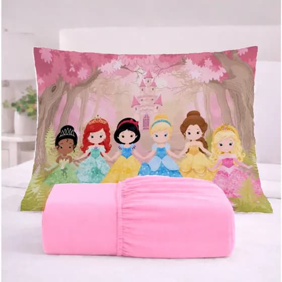 JOGO DE LENÇOL SOLTEIRO INFANTIL PRINCESAS CASTELO 3 PEÇAS 400 FIOS MICROPERCAL
