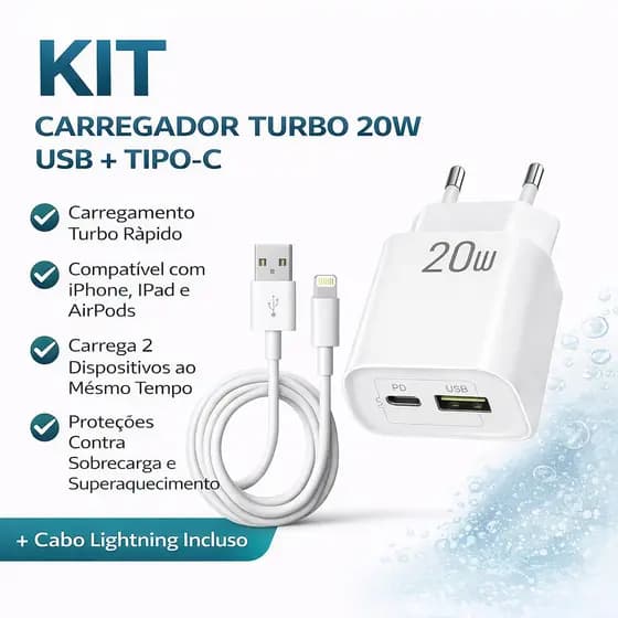Kit Carregador Turbo 20W + Cabo Lightning Compatível com iPhone Ipad Airpods