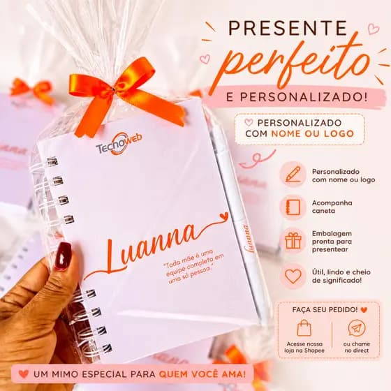 Caderneta Personalizada com Nome ou Logo + Caneta | Presente Criativo e Personalizado | Lembrancinha Especial para TCC