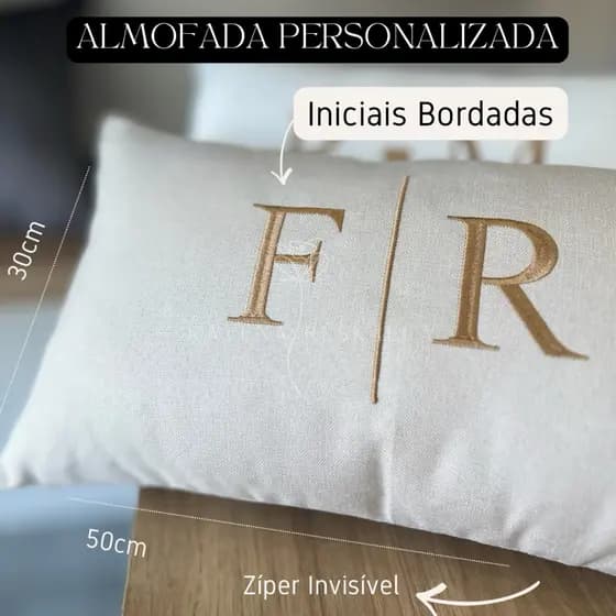 Almofada Iniciais Bordadas Personalizadas Com Enchimento Fibra Siliconada Baguete Linho Veludo