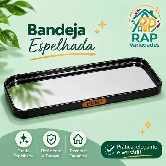 Bandeja Decorativa Espelhada Art House Retangular Preta Plástico Vidro 30cm