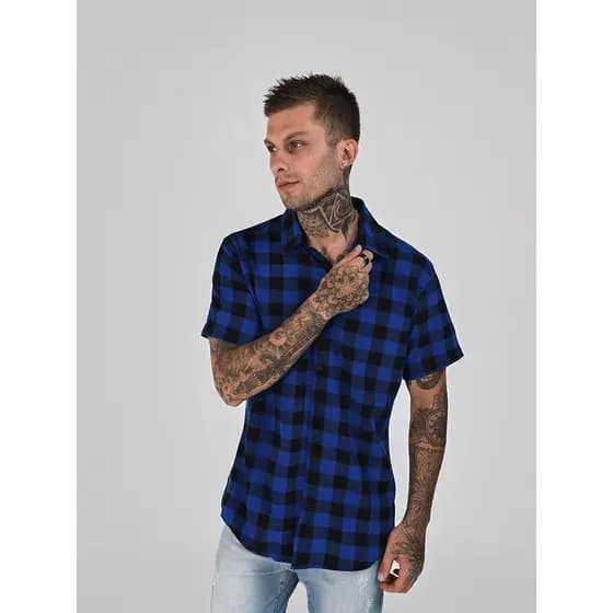 Camisa Xadrez Masculina Manga Curta Slim Flanela Botoes Top