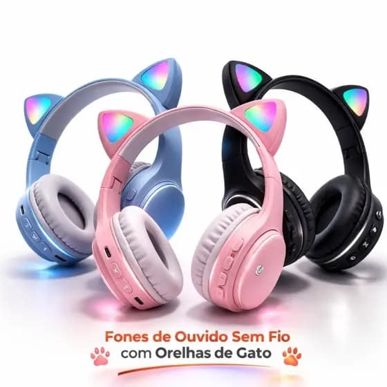 Fone Bluetooth Sem Fio Orelha de Gato LED Infantil Gamer Headphone 5.3 Graves Potentes
