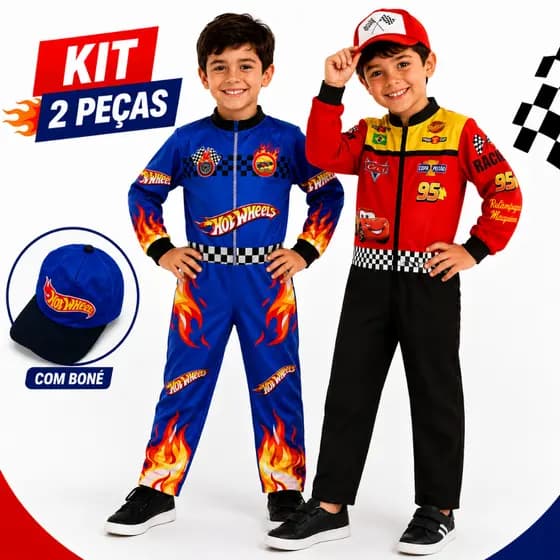 Fantasia Menino Roupa Festa Hot Wheels Com Boné Tema Carros Macacão Piloto Infantil