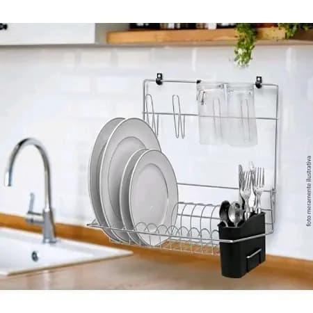 Escorredor de Pratos, Talheres e Copos Cromado de Parede em Aço Inox