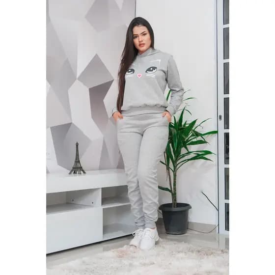 CONJUNTO DE MOLETOM FLANELADO FEMININO COM TOUCA E BOLSO