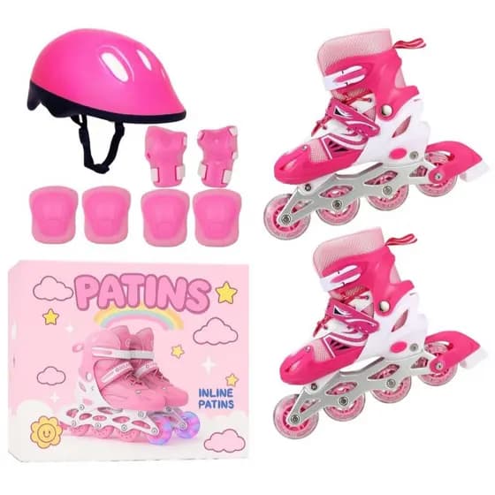 Patins Infantil Menina Rosa Capacete Joelheira Luva Led Criança Segurança 34 ao 38