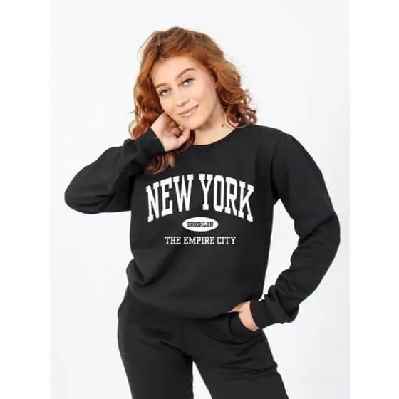 Blusa Moleton Unissex Preto Gola Careca Flanelado Estampa New York Conforto e Estilo