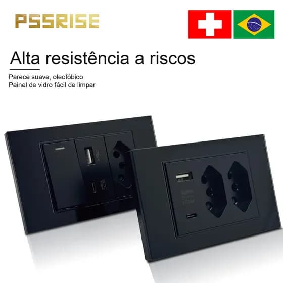 PSSRISE BR USB + Interruptor De Luz TYPE-C Para Painel Retardador De Chamas Doméstico Montado Na Parede Preto-G18