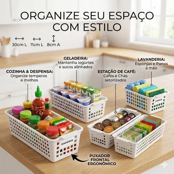 Cesto Organizador - Kit 2 Unidades Organizador de Geladeira e Lavanderia Slim Branco
