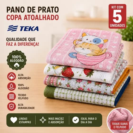 Kit 5 Pano de Prato Copa Atoalhados Teka 100% Algodão