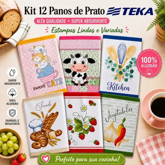 Kit 12 Pano de Prato Copa Atoalhados Teka 100% Algodão