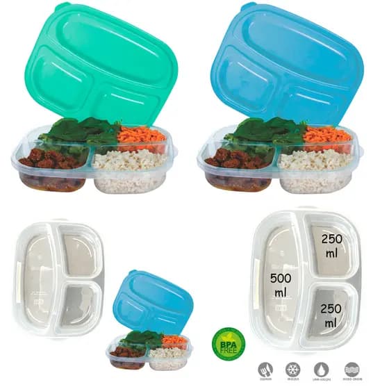 Marmita Pote Com 3 Divisórias, 500ml Freezer Microondas BPA free Reutilizável e com Tampa Top