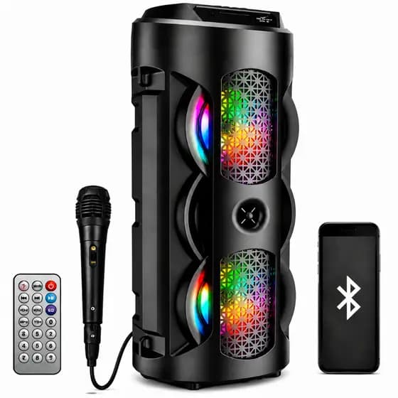 Caixa De Som Bluetooth Torre Portátil Fm Mp3 Usb Sd Microfone Controle Bateria Led Rgb Grasep